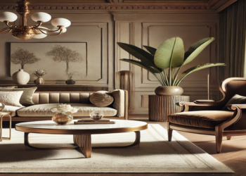 A sophisticated living room featuring a blend of mid-century modern furniture with antique accents, including a vintage velvet armchair and a sleek marble coffee table