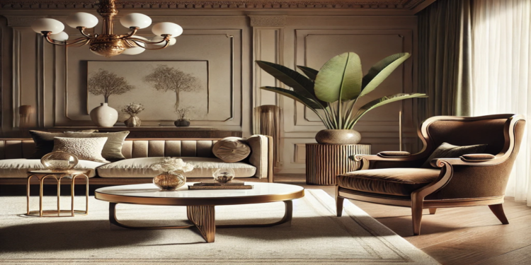 A sophisticated living room featuring a blend of mid-century modern furniture with antique accents, including a vintage velvet armchair and a sleek marble coffee table
