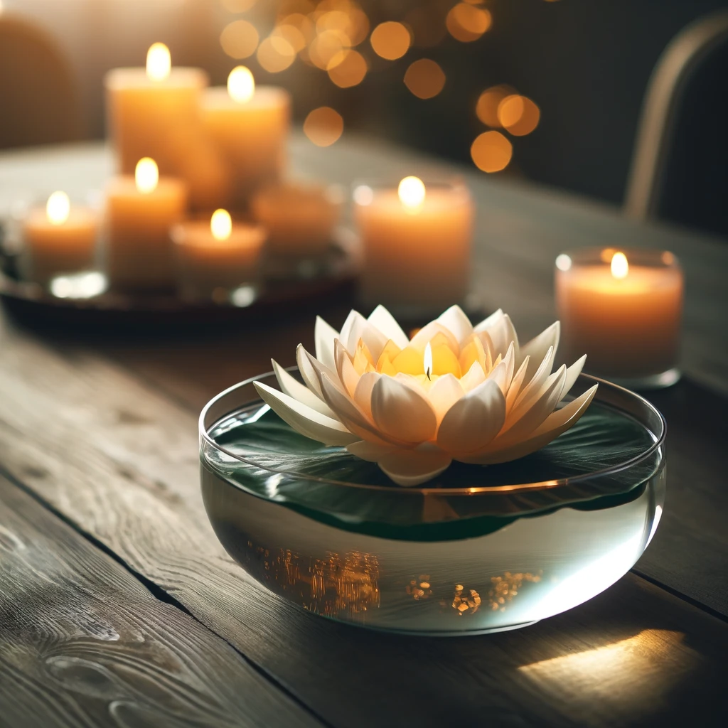 A serene floating lotus flower centerpiece with candles in a glass bowl, perfect for weddings, spas, and dinner parties