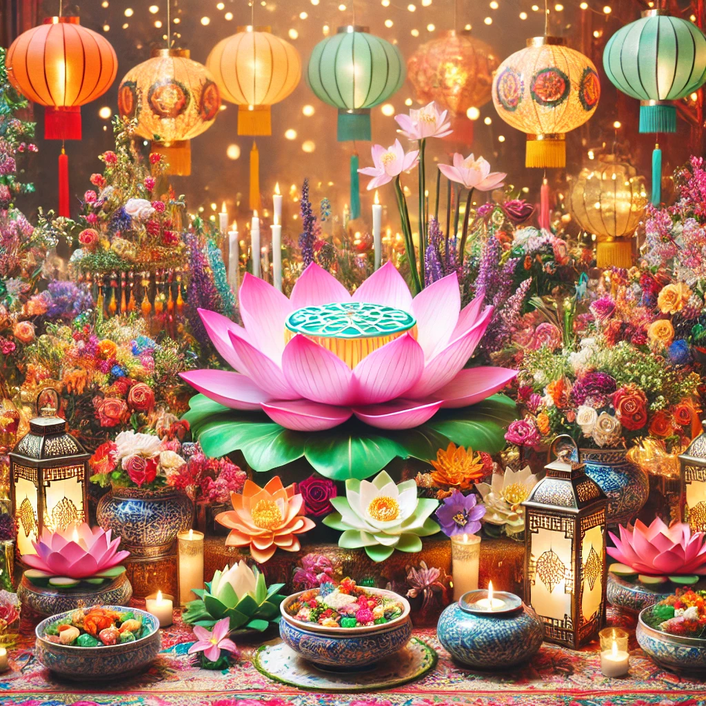 A vibrant festive celebration setup featuring a lotus flower centerpiece combined with traditional decorative elements, lanterns, and bold cultural motifs for an enchanting event display