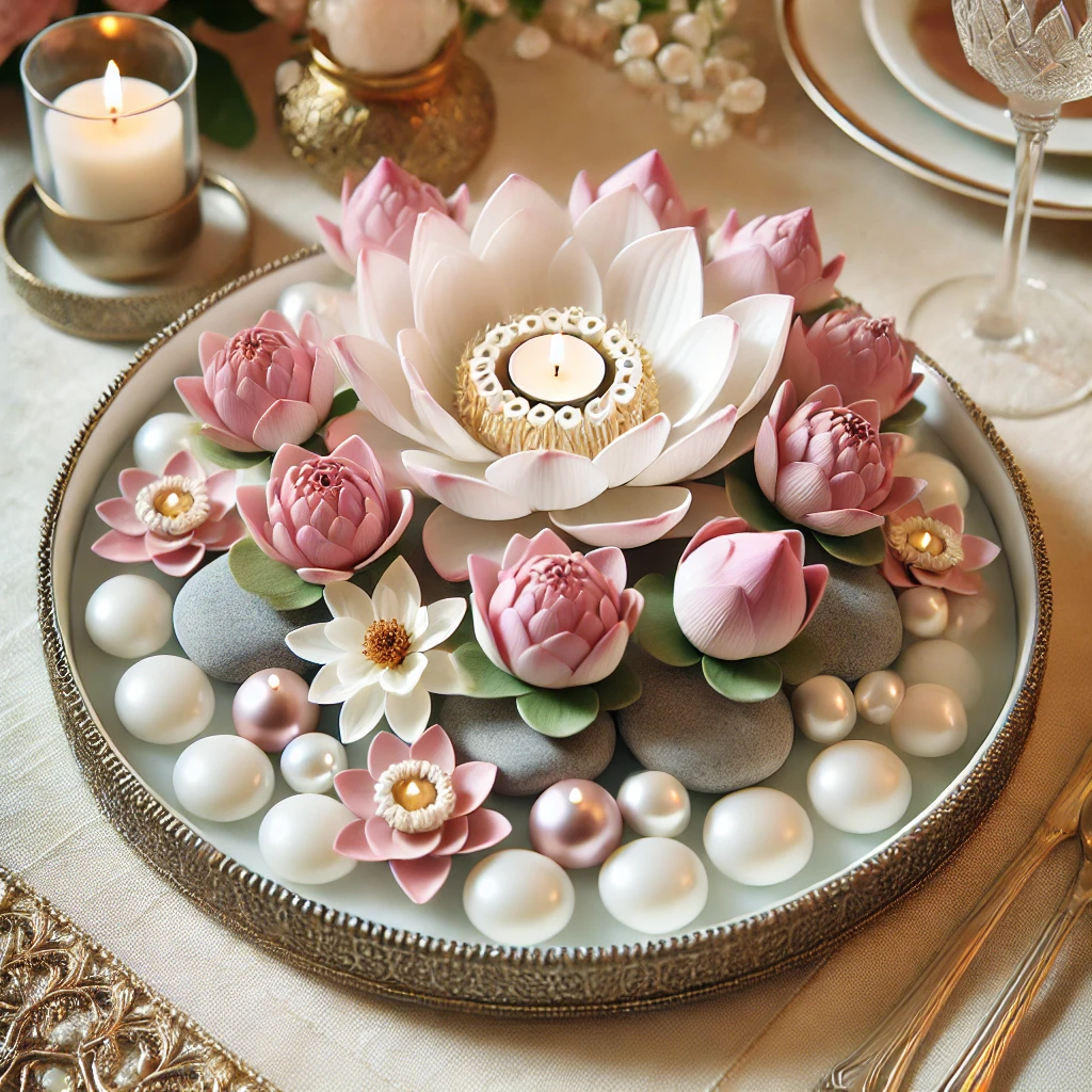 A handmade lotus flower bowl centerpiece with decorative stones and floating candles, perfect for a personalized event setup