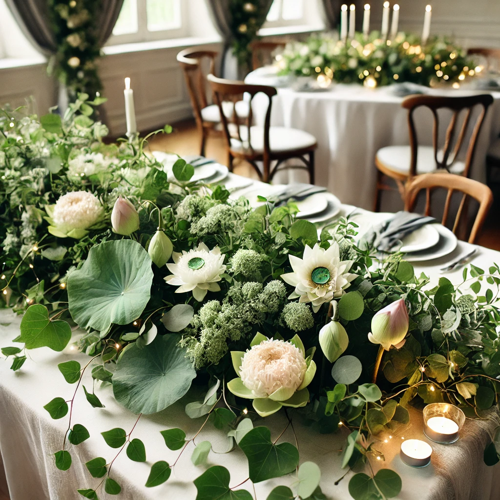 A lush greenery garland with lotus flowers, elegantly arranged on a dining table, ideal for weddings and special occasions