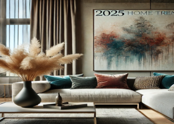 A luxurious modern living room featuring 2025 home trends, including textured throw pillows, oversized abstract wall art, and a sculptural vase with pampas grass on a sleek coffee table