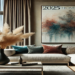 A luxurious modern living room featuring 2025 home trends, including textured throw pillows, oversized abstract wall art, and a sculptural vase with pampas grass on a sleek coffee table