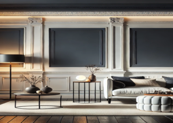 A modern and elegant living room featuring crisp white raised panel wainscoting contrasted with dark navy blue walls, complemented by a cozy sofa, chic coffee table, and soft lighting, perfect for a sophisticated look