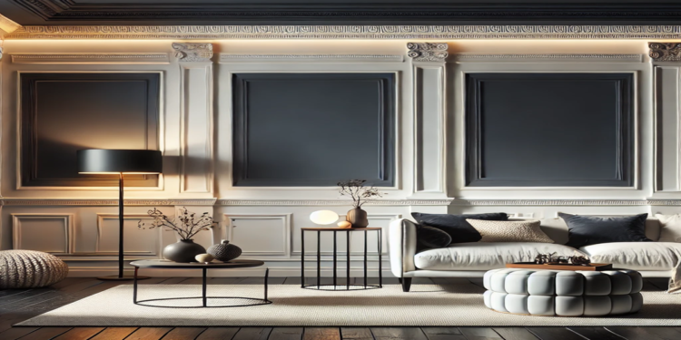 A modern and elegant living room featuring crisp white raised panel wainscoting contrasted with dark navy blue walls, complemented by a cozy sofa, chic coffee table, and soft lighting, perfect for a sophisticated look