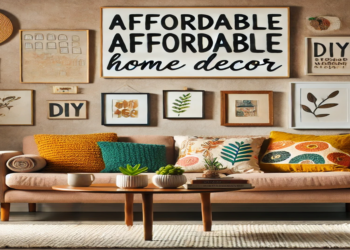 A stylish living room featuring affordable home decor, including a thrifted mid-century modern sofa with colorful throw pillows, a DIY gallery wall, and a simple coffee table with small plants and books