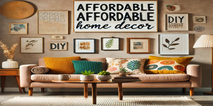 A stylish living room featuring affordable home decor, including a thrifted mid-century modern sofa with colorful throw pillows, a DIY gallery wall, and a simple coffee table with small plants and books