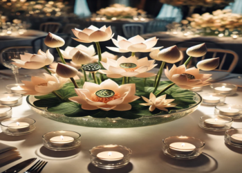 A stunning lotus flower centerpiece arrangement featuring floating lotus flowers in a glass bowl with candles, perfect for weddings, dinner parties, and special events