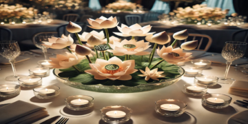 A stunning lotus flower centerpiece arrangement featuring floating lotus flowers in a glass bowl with candles, perfect for weddings, dinner parties, and special events