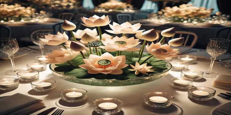 A stunning lotus flower centerpiece arrangement featuring floating lotus flowers in a glass bowl with candles, perfect for weddings, dinner parties, and special events