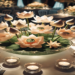 A stunning lotus flower centerpiece arrangement featuring floating lotus flowers in a glass bowl with candles, perfect for weddings, dinner parties, and special events