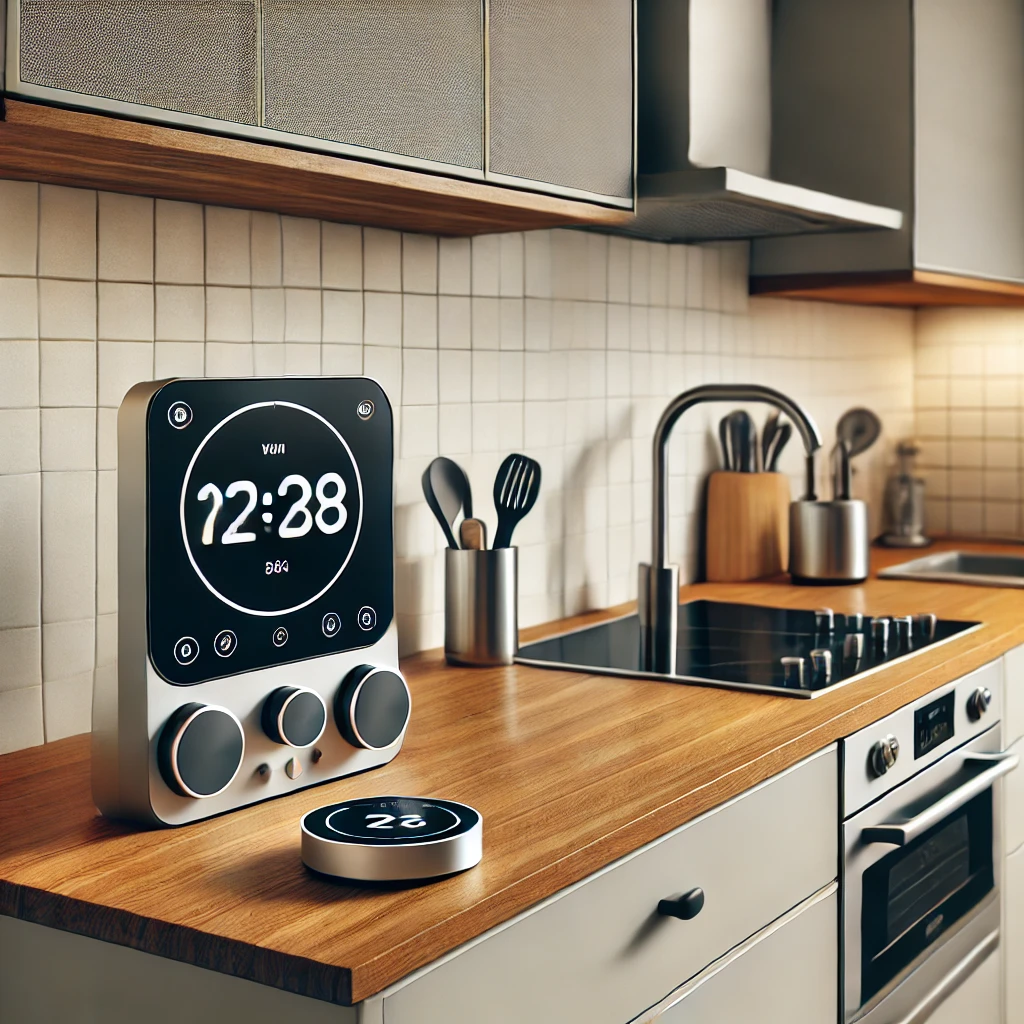 A kitchen countertop featuring smart devices such as a sleek smart clock and stereo system. These gadgets blend seamlessly with the kitchen's minimalist design while offering functionality.