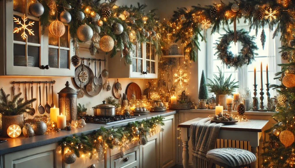 Kitchen decorated for winter with evergreen garlands, twinkle lights, and metallic accents, creating a cozy and festive atmosphere.