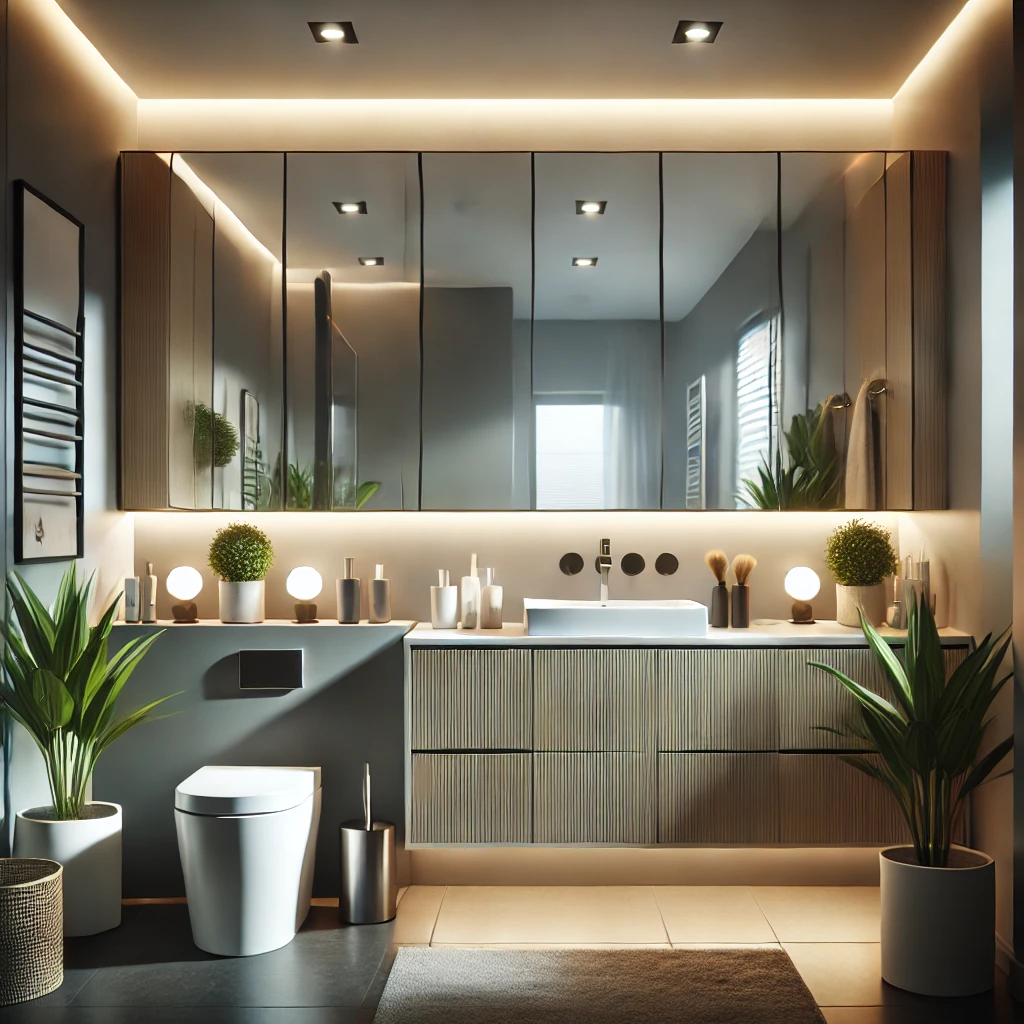 A well-lit modern small bathroom featuring a balanced lighting layout with overhead lights, vanity mirror lighting, and accent lights. The large mirror reflects light, enhancing brightness and space efficiency