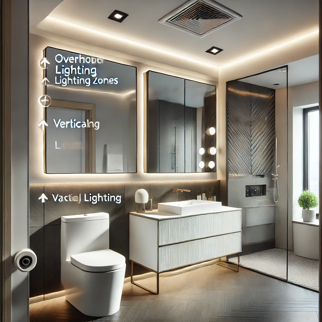 A modern small bathroom showcasing key lighting zones: overhead lighting for general illumination, vertical vanity mirror lighting for facial grooming, and accent lighting highlighting design features. Includes LED bulbs and motion-activated lights for energy efficiency