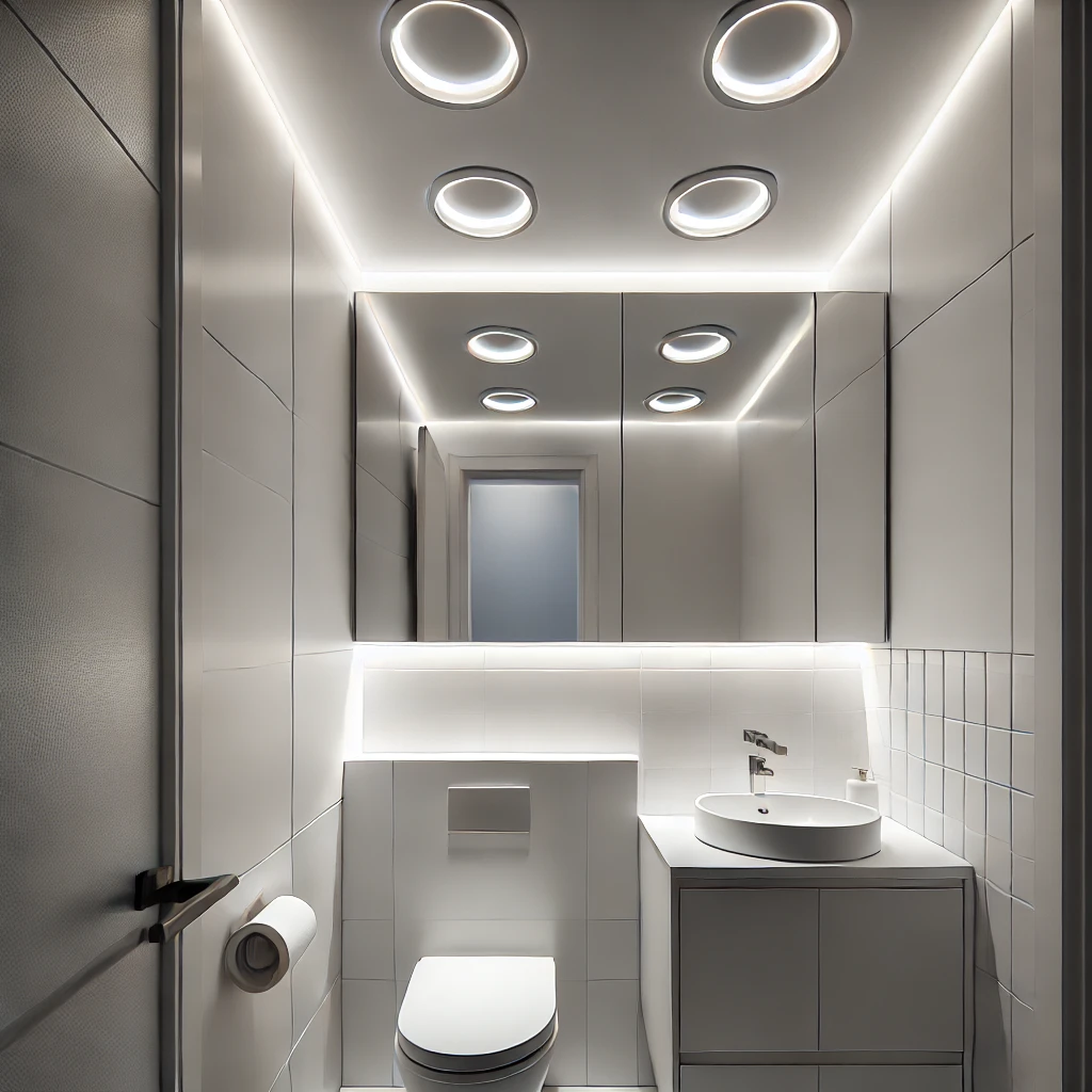 A modern small bathroom featuring recessed ceiling lights for a sleek and space-saving lighting solution. The lights are flush with the ceiling, providing even illumination without crowding the room