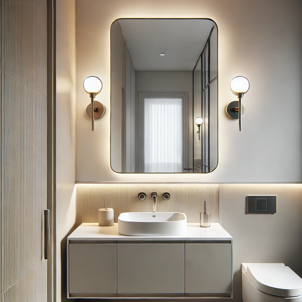 A stylish small bathroom featuring a modern pendant light with a sleek metallic finish, enhancing the space with a decorative and functional lighting solution