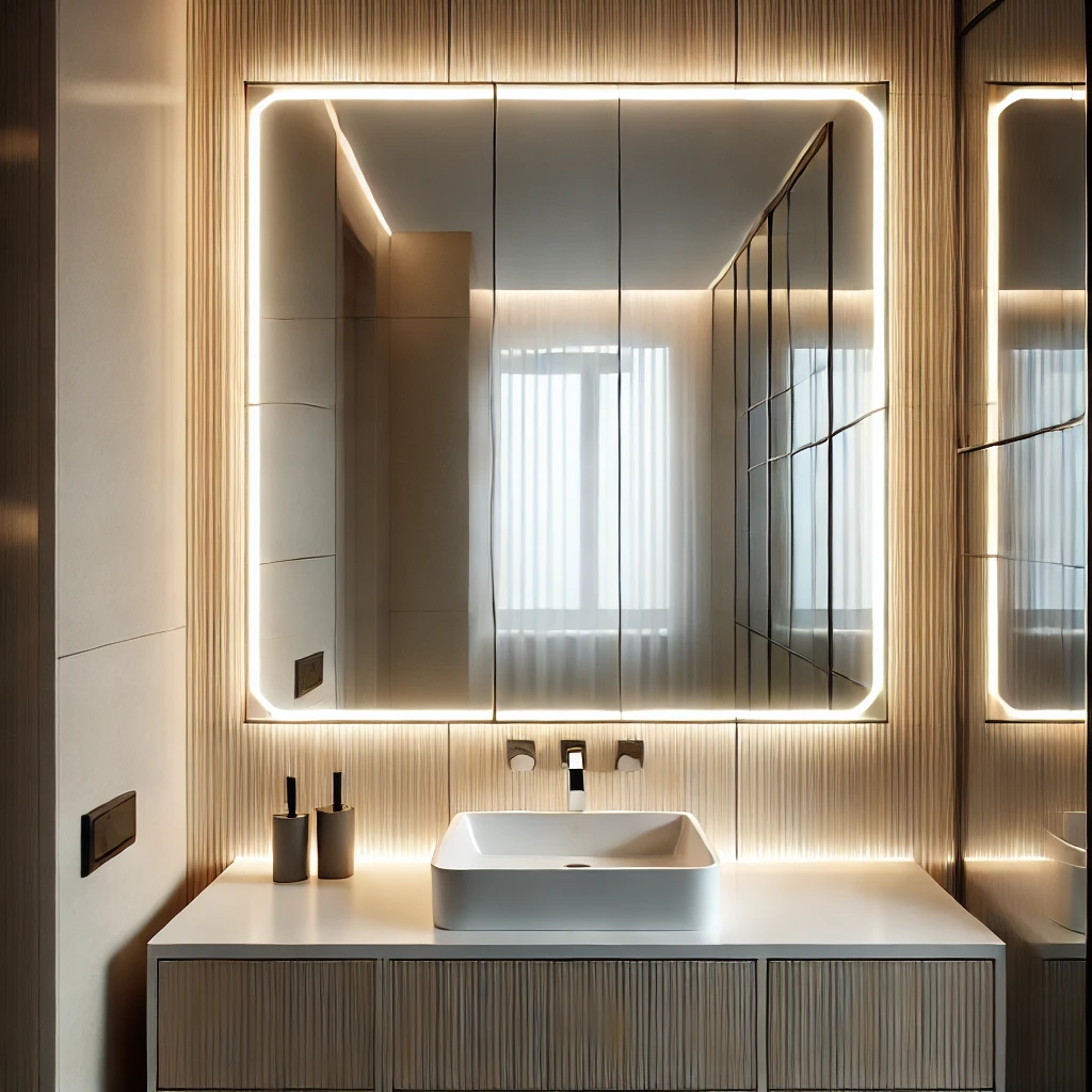 A modern small bathroom featuring a backlit mirror with built-in LED lighting, adding a soft glow and enhancing both style and functionality.