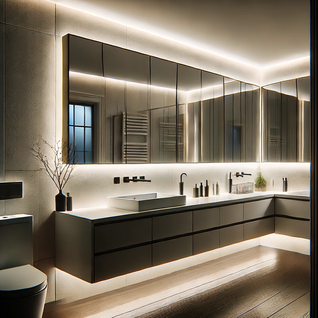 A stylish small bathroom illuminated with LED strip lighting under the vanity and around the mirror edges, creating a modern and inviting ambiance