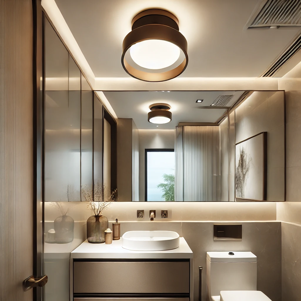 A modern small bathroom featuring a stylish flush-mount ceiling light. The space is well-lit, with frosted glass and metal accents enhancing the sleek design