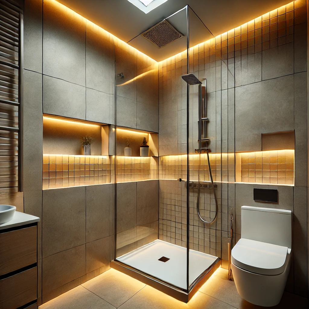 A sleek small bathroom with waterproof recessed task lighting over the shower area. The bathroom features modern tiles, a glass shower enclosure, and warm LED lights enhancing the space