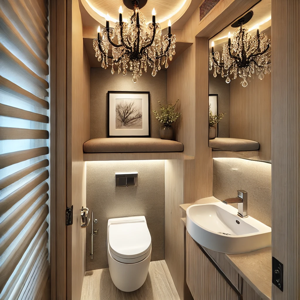 A luxurious small bathroom featuring a mini chandelier hanging from the ceiling. The chandelier has crystal accents, adding a touch of elegance to the compact space