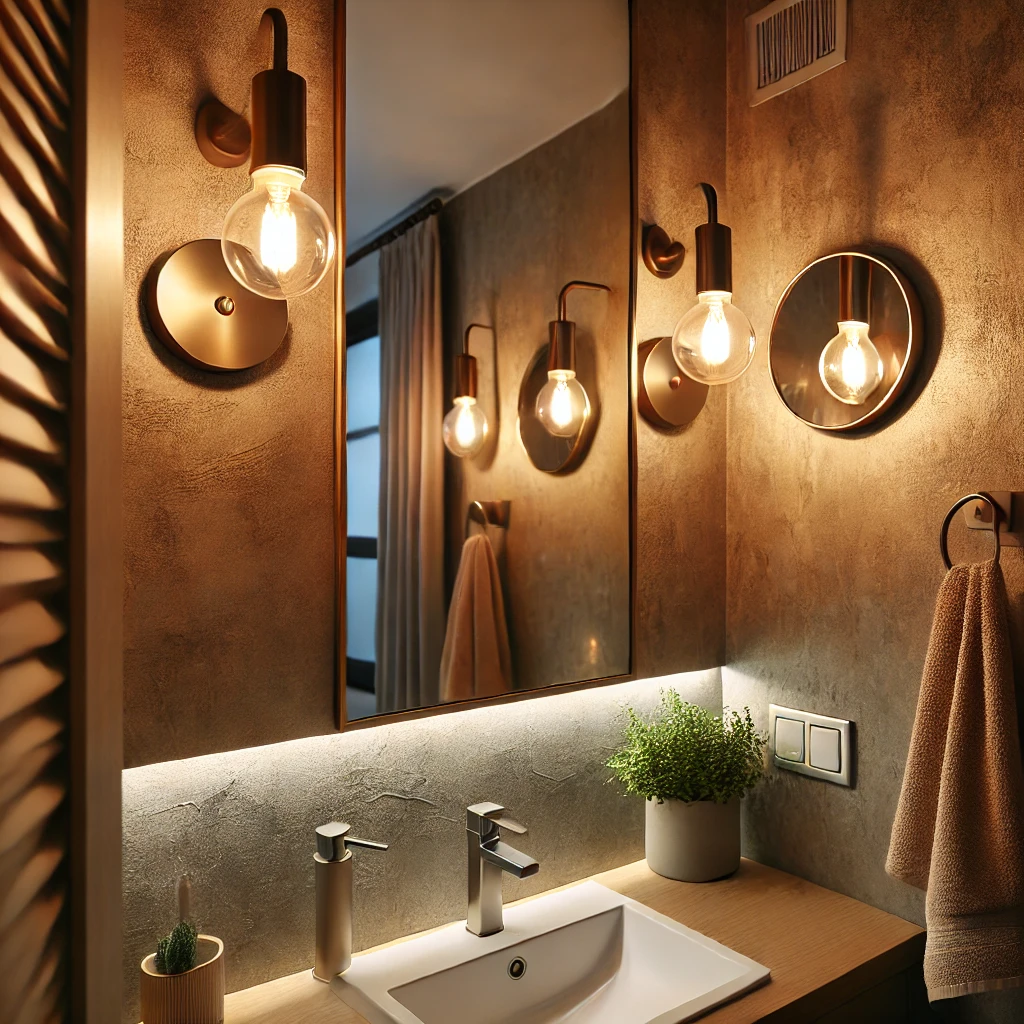 A charming small bathroom with modern wall-mounted sconces beside the mirror. The sconces have sleek metallic finishes and provide warm ambient lighting, enhancing the cozy atmosphere.