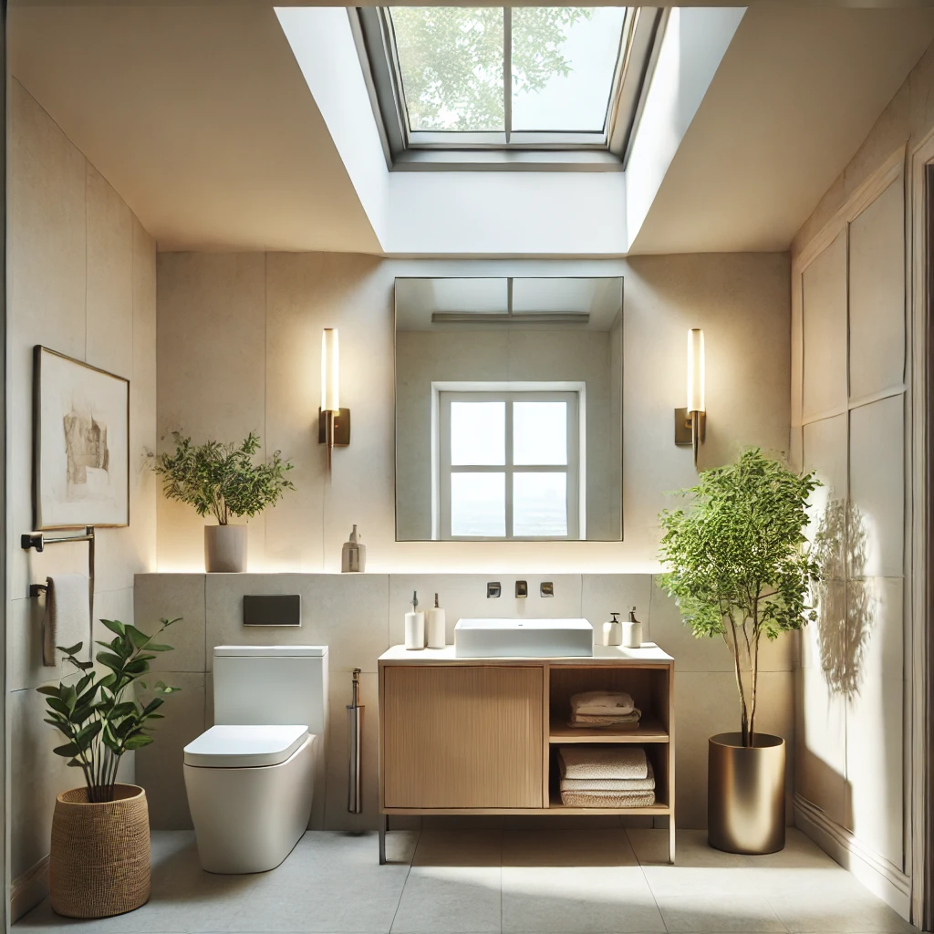 A bright small bathroom with a skylight allowing natural light to flood the space. The room features soft neutral colors, a sleek vanity, and strategically placed sconces to balance the lighting