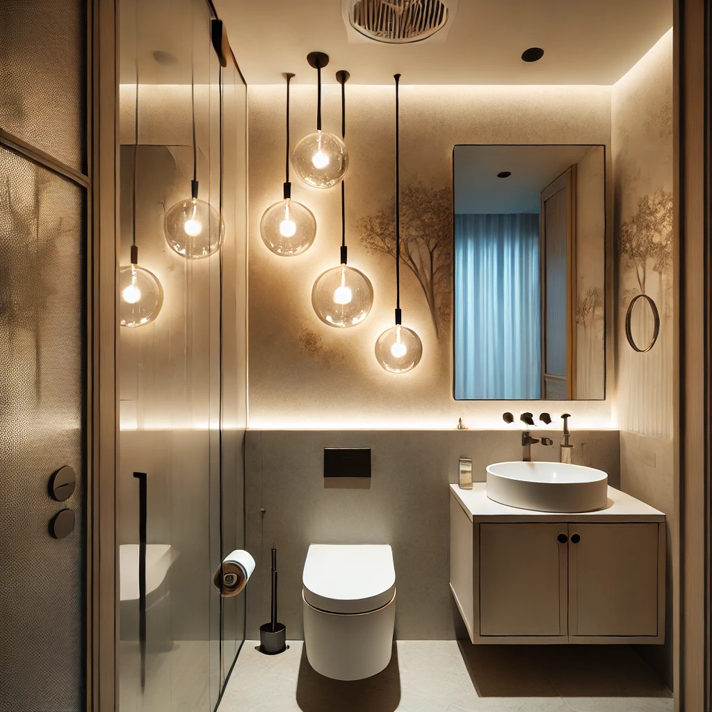 A stylish small bathroom featuring frosted glass light fixtures, providing a soft and diffused glow for a relaxing ambiance