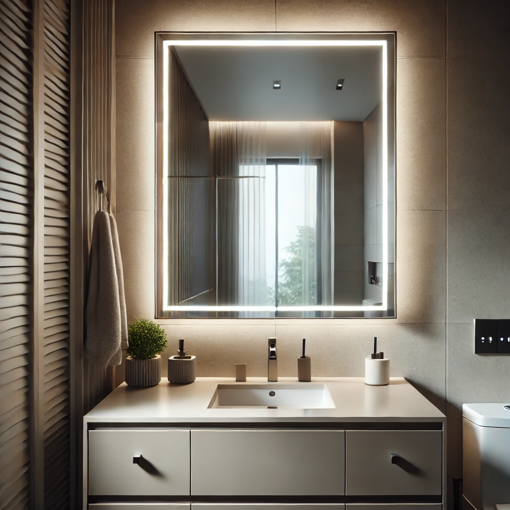 A sleek and contemporary small bathroom showcasing a mirror with built-in LED lighting for enhanced visibility and style