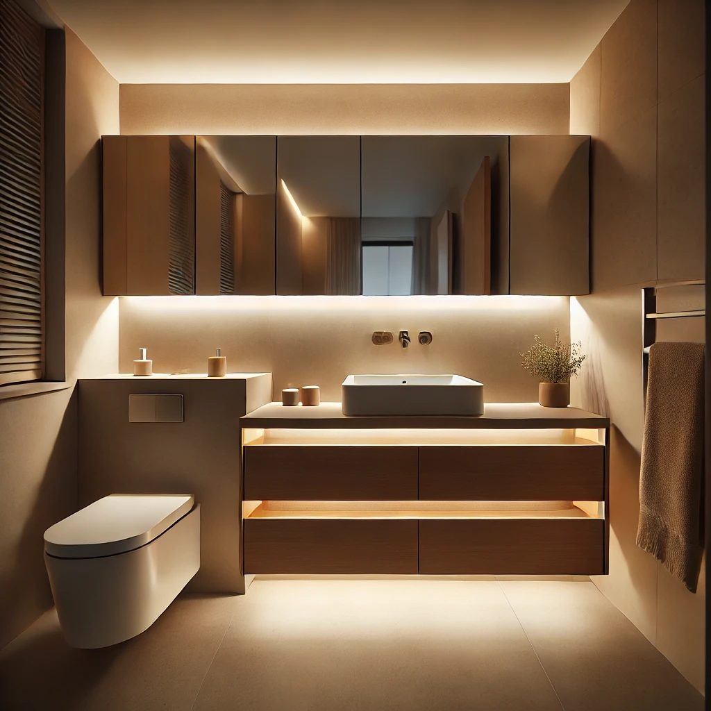 A modern small bathroom featuring under-cabinet LED lighting, adding both functional brightness and a stylish touch to the vanity space