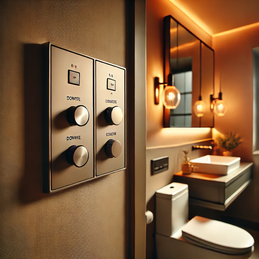 A stylish small bathroom featuring dimmer switches that allow for customizable lighting intensity, perfect for any time of day