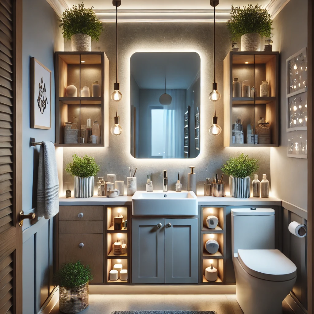 A modern small bathroom with DIY lighting upgrades, including LED strips and repurposed fixtures for an affordable and stylish setup