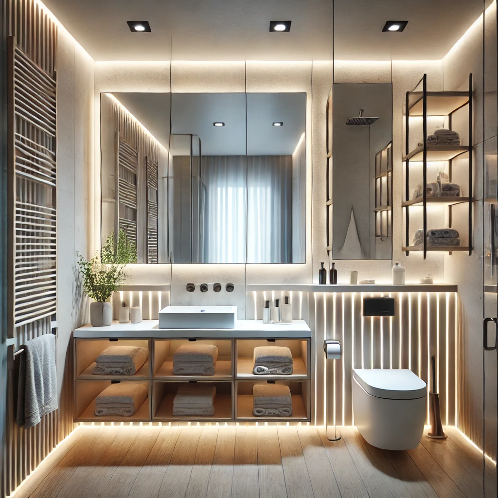 A modern small bathroom featuring layered lighting solutions, including ceiling lights for ambient illumination, wall-mounted vanity lights for tasks, and LED strip accents around the mirror and shelves. The space appears bright, well-lit, and visually enhanced