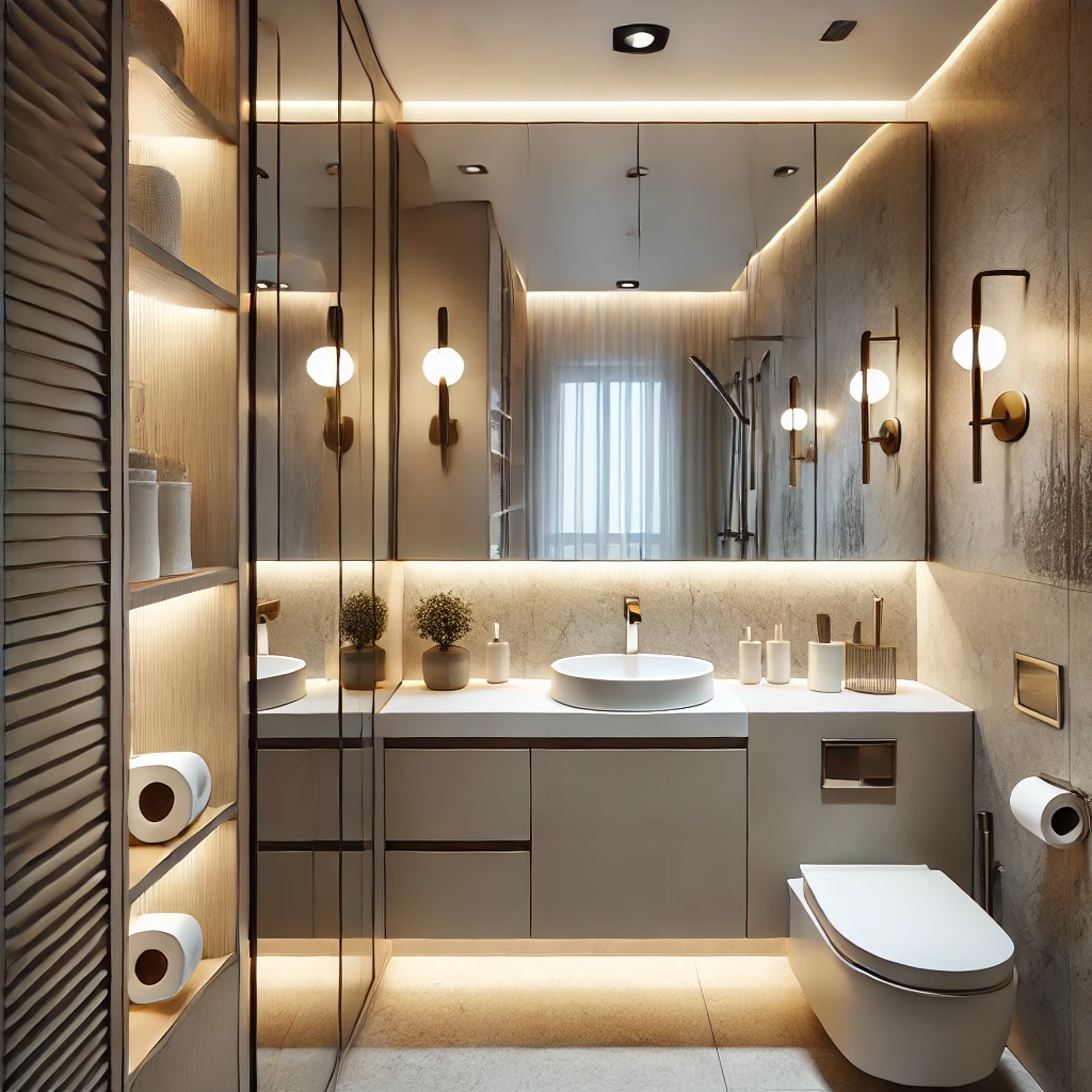 A modern small bathroom featuring flush-mounted ceiling lights, LED strip lighting under cabinets, and sleek wall-mounted sconces. A large mirror with built-in LED lighting enhances brightness, creating a spacious and stylish ambiance