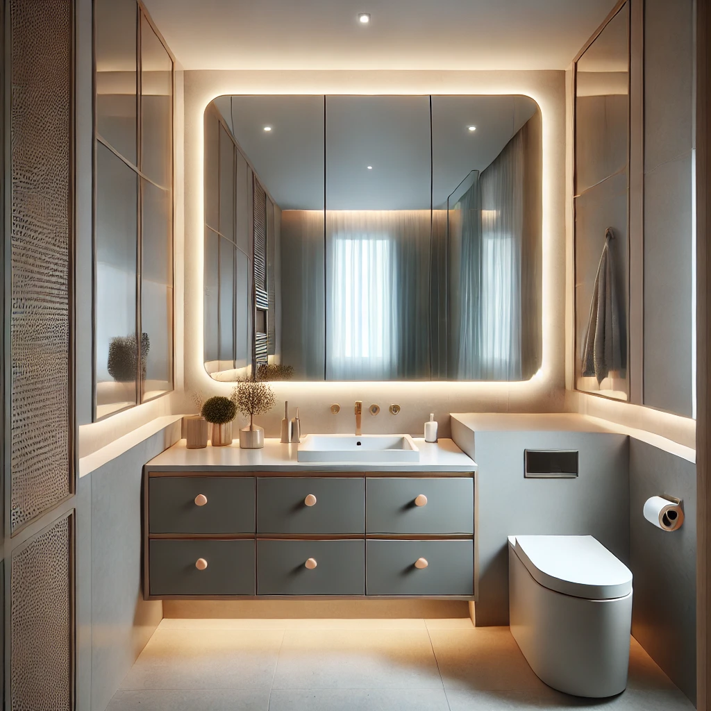 A stylish small bathroom featuring a large mirror with built-in LED lighting, reflecting both natural and artificial light to create a brighter, more open space. The sleek vanity and contemporary decor enhance the room's modern appeal