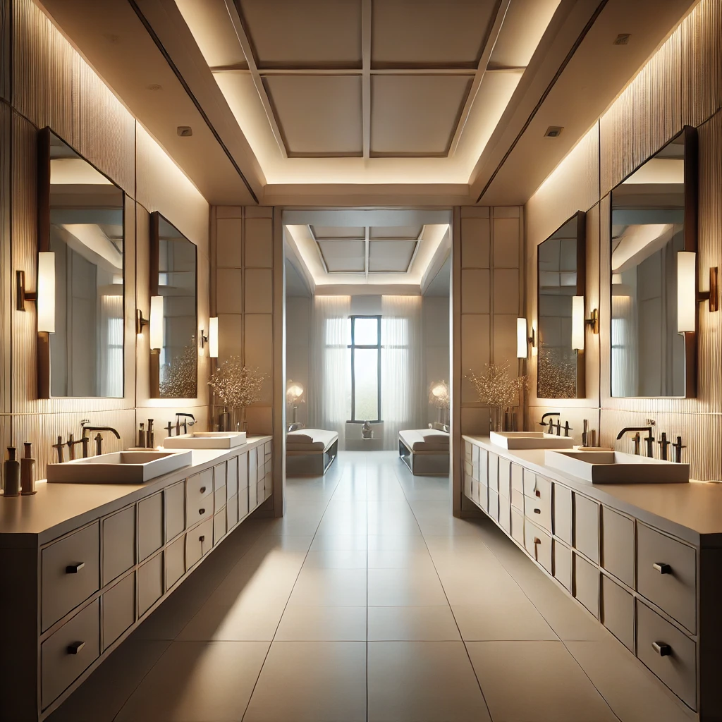 A modern square bathroom with dual vanities, matching square sinks, and mirrors, creating a balanced and harmonious atmosphere with soft neutral tones and sleek finishes