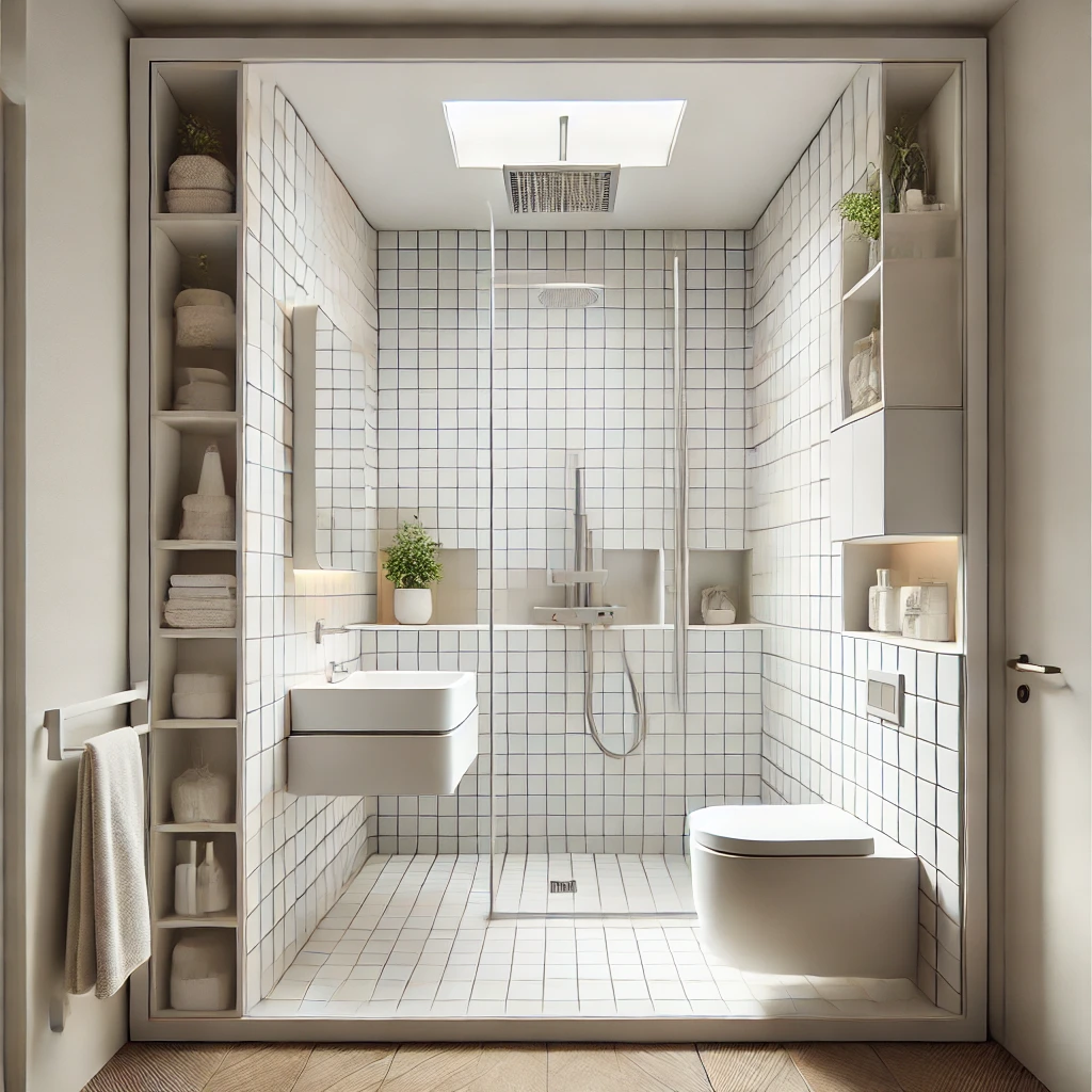 A small square bathroom featuring a wall-mounted vanity, a corner shower, and built-in vertical storage. The bright and airy design maximizes space efficiency while maintaining style