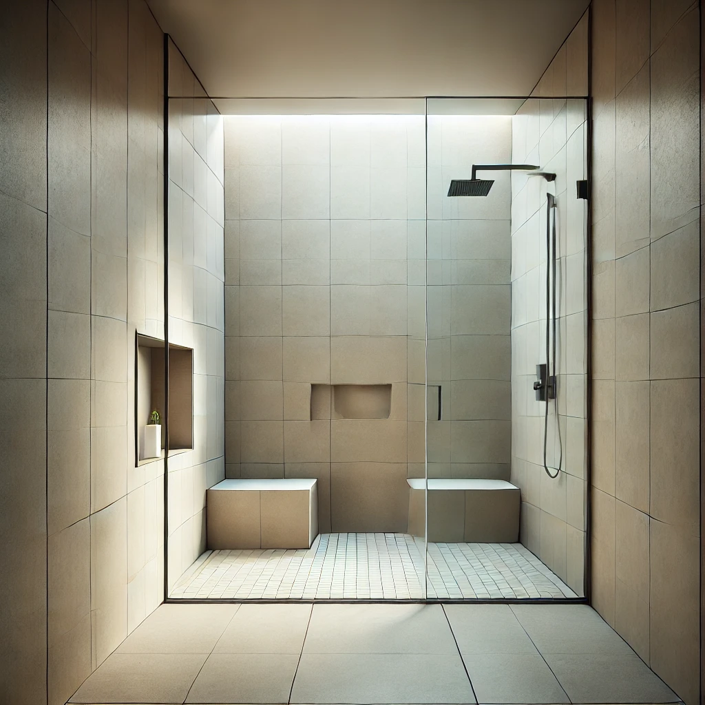 A stylish square bathroom featuring an open layout with a frameless glass shower, floor-to-ceiling neutral tiles, and a built-in shower niche for a seamless, airy, and minimalist look