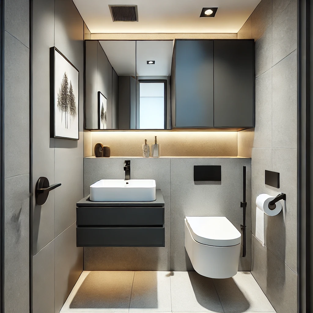 A compact square bathroom featuring a floating vanity, a hidden-tank wall-mounted toilet, and sleek matte black and chrome fixtures that maximize floor space