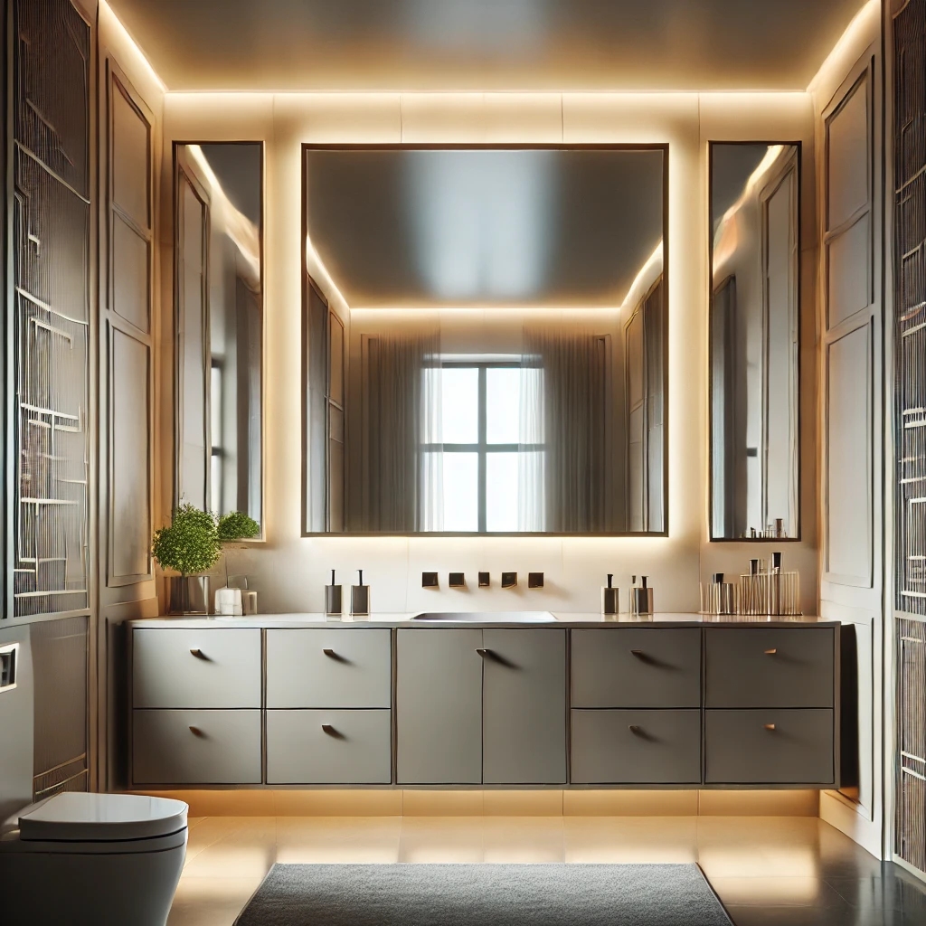 A modern square bathroom with a large backlit square mirror above a sleek vanity, reflecting natural light and enhancing symmetry for a spacious, contemporary feel