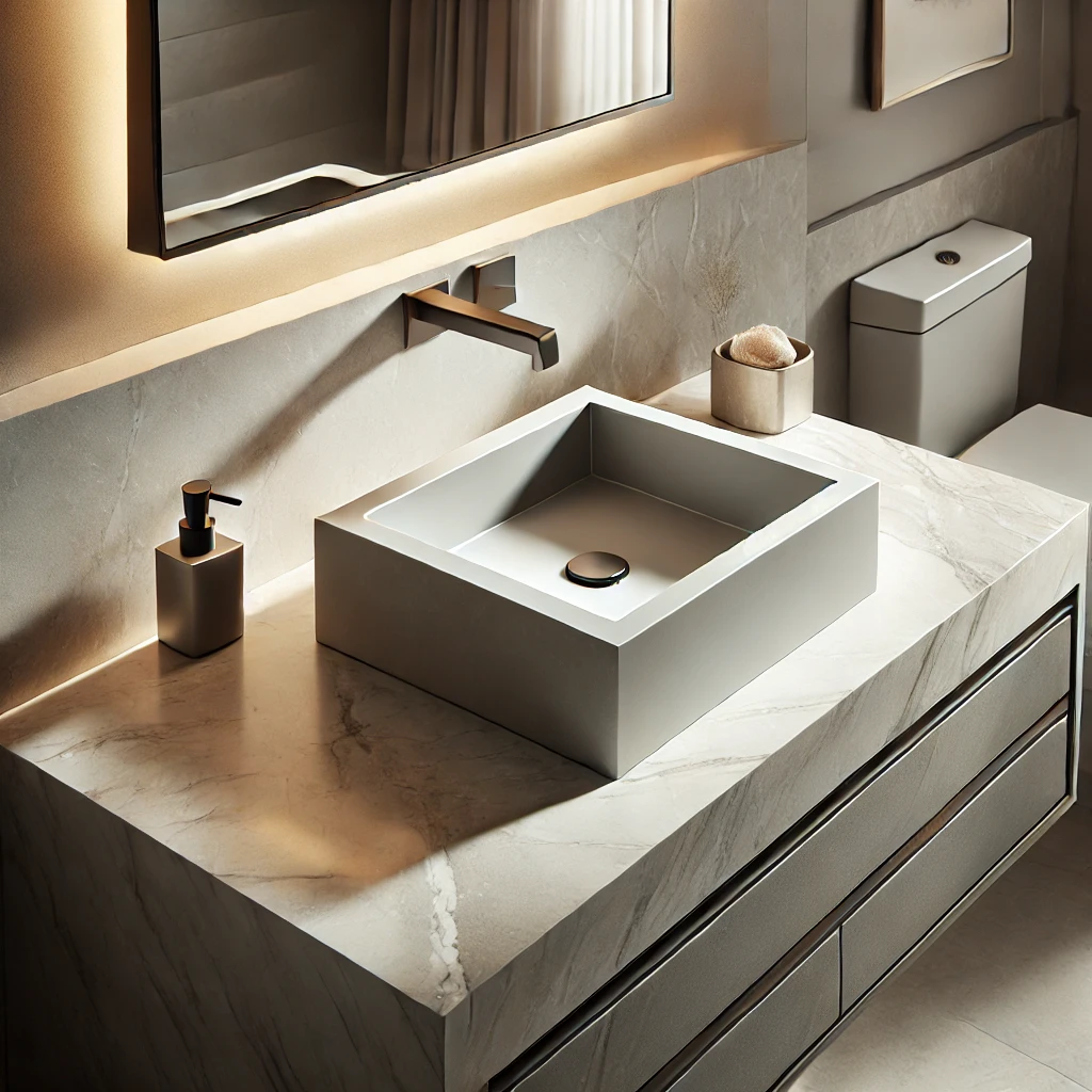 A contemporary square bathroom with a stylish undermount sink integrated into a marble countertop, paired with a brushed nickel faucet for a luxurious, minimalist look