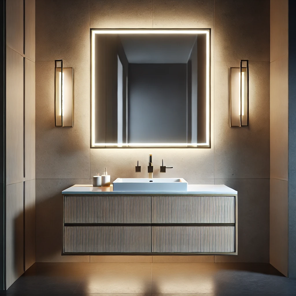 A sleek square bathroom vanity featuring a backlit mirror and wall-mounted sconces, creating a warm and inviting ambiance with stylish neutral tones and fixtures