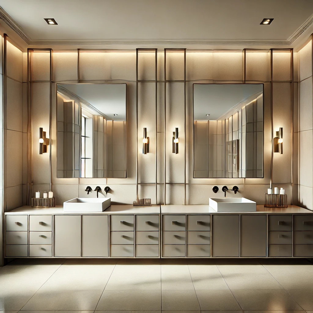 A modern square bathroom featuring dual vanities with matching square sinks and mirrors, symmetrical design, and elegant lighting fixtures for a sleek and balanced aesthetic