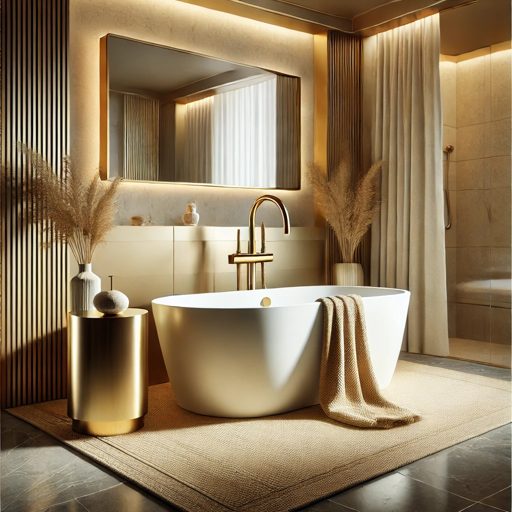 A stylish square bathroom featuring a freestanding bathtub with a floor-mounted brushed gold faucet, placed on a cozy rug for a spa-like ambiance