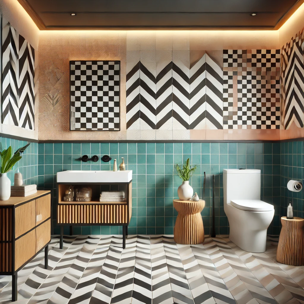 A contemporary square bathroom featuring herringbone and checkerboard tile patterns, adding character and vibrancy while complementing modern fixtures