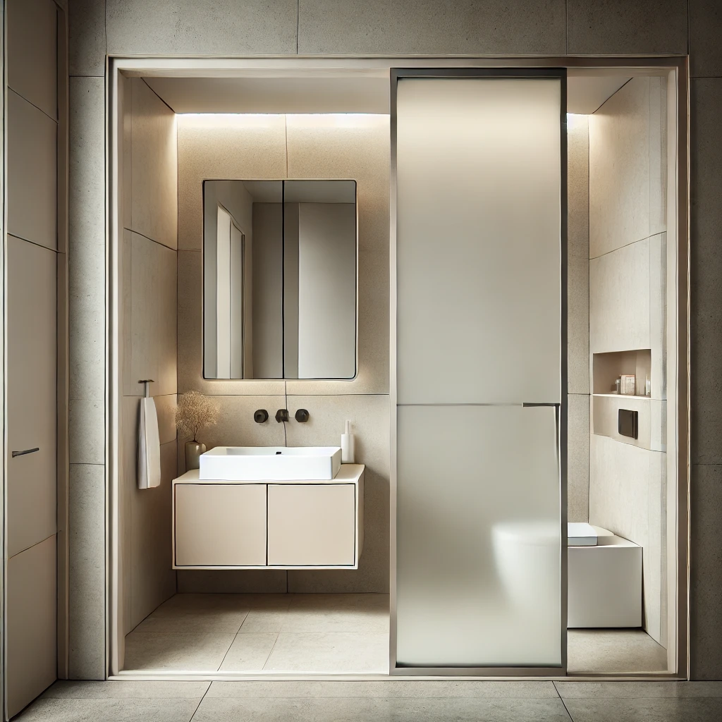 A modern square bathroom with a frosted glass sliding door, allowing light to pass through while maximizing space in a sleek, minimalist design