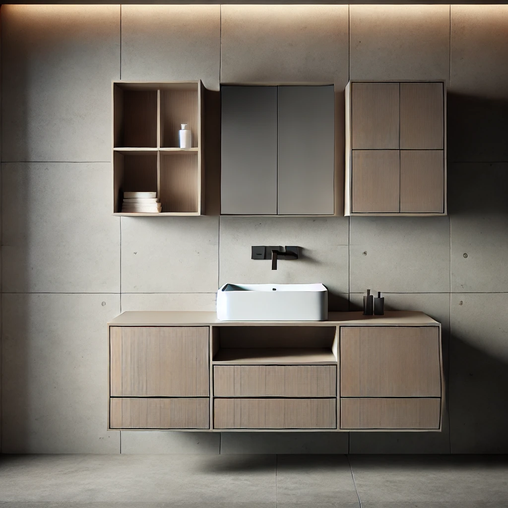 A stylish square bathroom featuring a wall-mounted floating vanity with a square undermount sink, maximizing space and maintaining a minimalist look