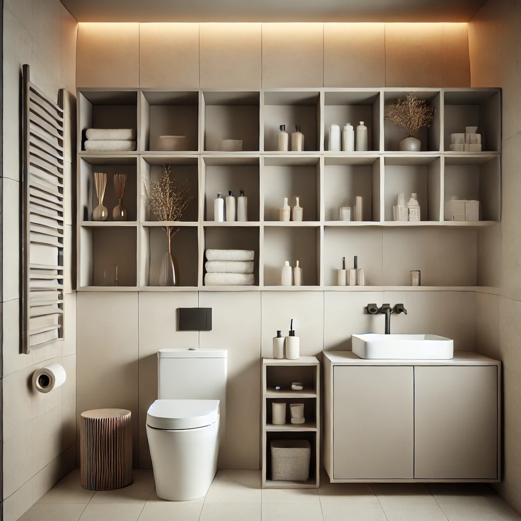 A modern square bathroom featuring floating shelves above the toilet and vanity, offering efficient storage without consuming floor space